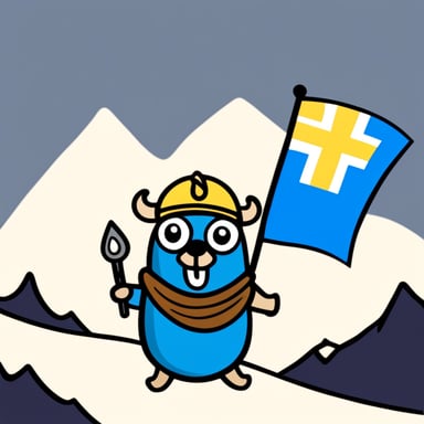 A go blue gopher holding a Swedish flag, looking like a Viking in the mountains.