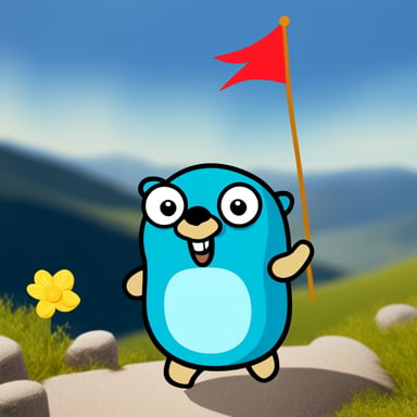 A go blue gopher holding a flag from Sweden running on a mountain.