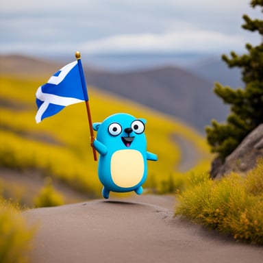 A go blue gopher holding a flag from Sweden running on a mountain.