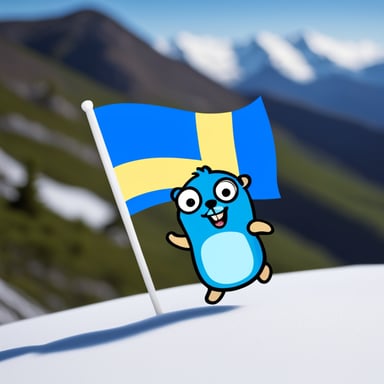 A go blue gopher holding a flag from Sweden running on a mountain.