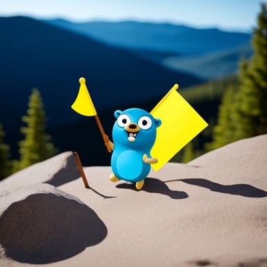 A go blue gopher holding a flag from Sweden running on a mountain.