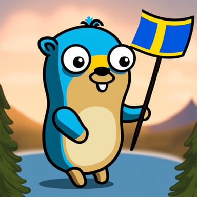 A go blue gopher holding a flag from Sweden.
