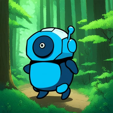 Mecha Go Blue Gopher in a Tokyo forest.