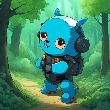 Mecha Go Blue Gopher in a Tokyo forest.
