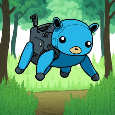 Mecha Go Blue Gopher in a Tokyo forest.