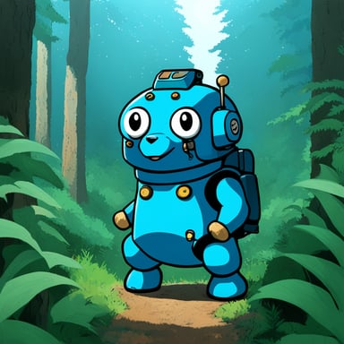 Mecha Go Blue Gopher in a Tokyo forest.