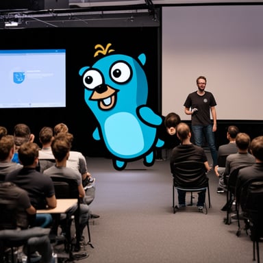 Go Blue Gopher at GopherCon Berlin giving a talk about Go lang.