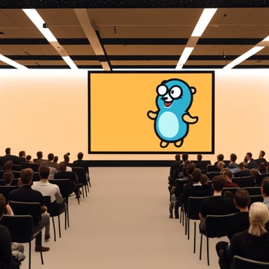 Go Blue Gopher at GopherCon Berlin giving a talk about Go lang.