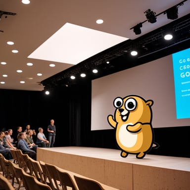 Go Blue Gopher at GopherCon Berlin giving a talk about Go lang.