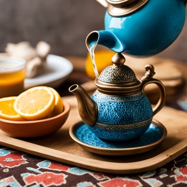 Go Blue Gopher pouring tea from a Moroccan tea pot into a Moroccan tea glass.