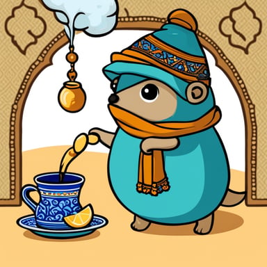 Go Blue Gopher pouring tea from a Moroccan tea pot into a Moroccan tea glass.