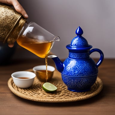 Go Blue Gopher pouring tea from a Moroccan tea pot into a Moroccan tea glass.