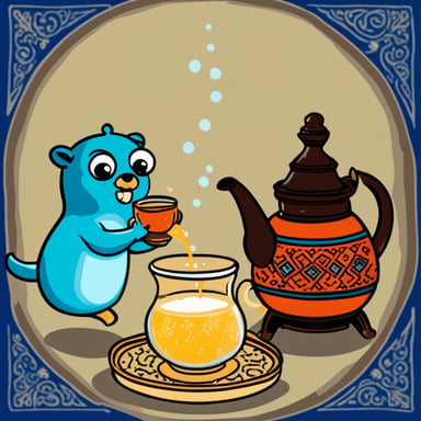 Go Blue Gopher pouring tea from a Moroccan tea pot into a Moroccan tea glass.
