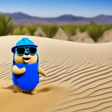 Create a go blue gopher with a desert background wearing face protection from sand.