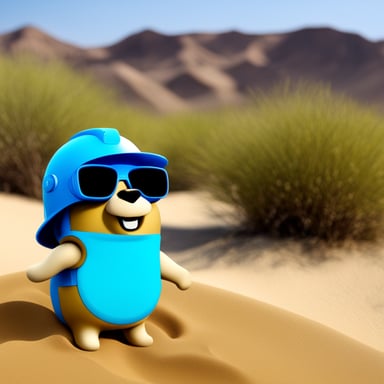 Create a go blue gopher with a desert background wearing face protection from sand.