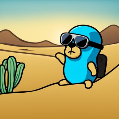 Create a go blue gopher with a desert background wearing face protection from sand.