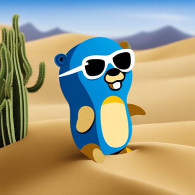 Create a go blue gopher with a desert background wearing face protection from sand.