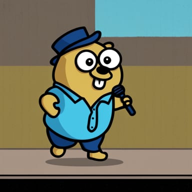Go Blue Gopher on stage, doing stand-up comedy.