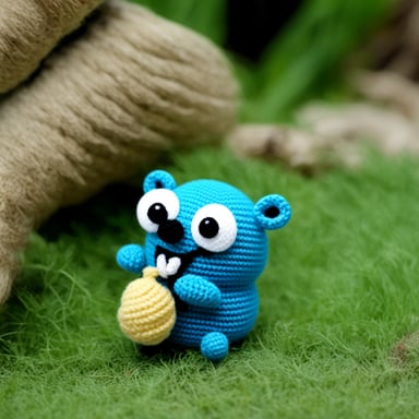 A happy Go Blue Gopher crocheting another gopher.