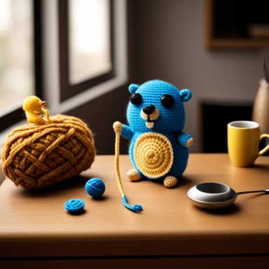 A happy Go Blue Gopher crocheting another gopher.