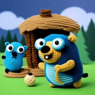 A happy Go Blue Gopher crocheting another gopher.