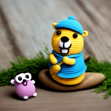 A happy Go Blue Gopher crocheting another gopher.