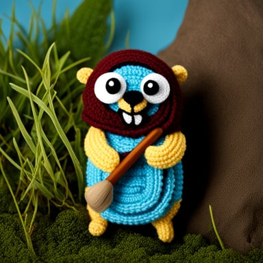 Go Blue Gopher, a happy gopher, working on a crocheted go blue gopher.