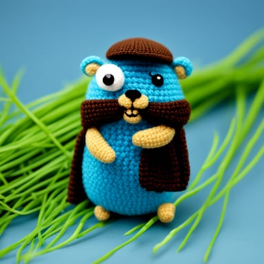 Go Blue Gopher, a happy gopher, working on a crocheted go blue gopher.