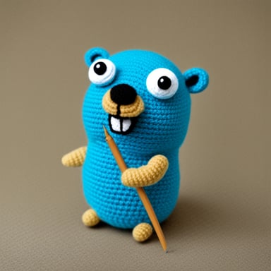 Go Blue Gopher, a happy gopher, working on a crocheted go blue gopher.