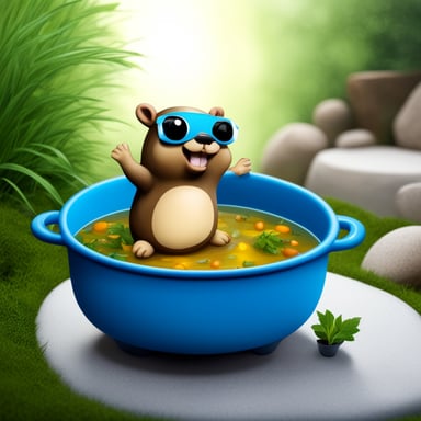Happy Go Blue Gopher swimming in a huge soup pot, photorealistic