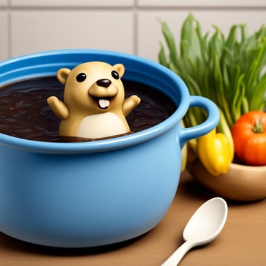 Happy Go Blue Gopher swimming in a huge soup pot, photorealistic