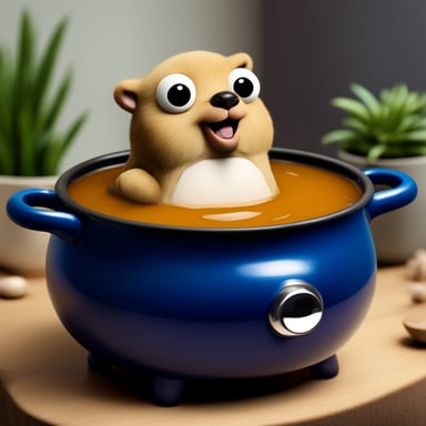 Happy Go Blue Gopher swimming in a huge soup pot, photorealistic