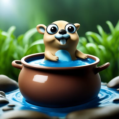 Happy Go Blue Gopher swimming in a huge soup pot, photorealistic