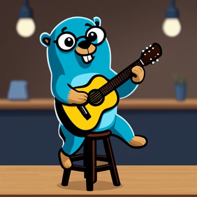 Go Blue Gopher playing acoustic guitar while sitting on a barstool.