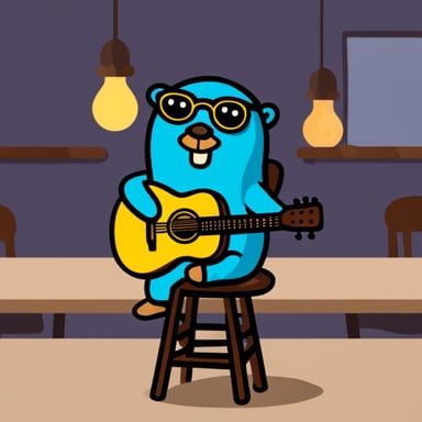 Go Blue Gopher playing acoustic guitar while sitting on a barstool.