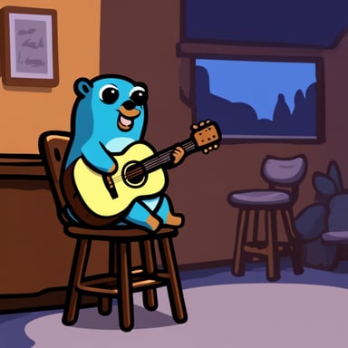 Go Blue Gopher playing acoustic guitar while sitting on a barstool.