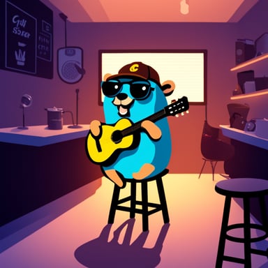 Go Blue Gopher playing acoustic guitar while sitting on a barstool.