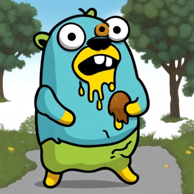 Happy Go Blue Gopher looking like a zombie.