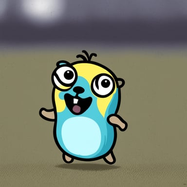 Happy Go Blue Gopher looking like a zombie.