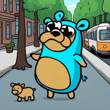 Go Blue Gopher walking in a Swedish city with a moose.