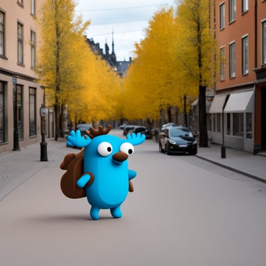 Go Blue Gopher walking in a Swedish city with a moose.