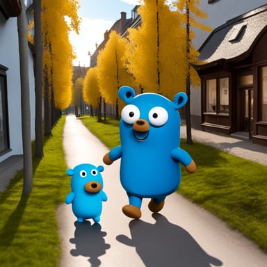 Go Blue Gopher walking in a Swedish city with a moose.