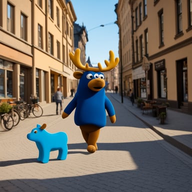 Go Blue Gopher walking in a Swedish city with a moose.