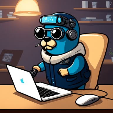 Go Blue Gopher looking for a job at the MacBook in the home, depicted in a cyberpunk style picture.