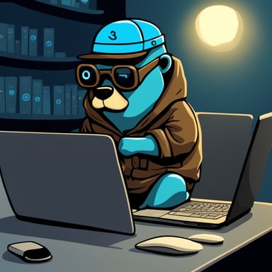 Go Blue Gopher looking for a job at the MacBook in the home, depicted in a cyberpunk style picture.