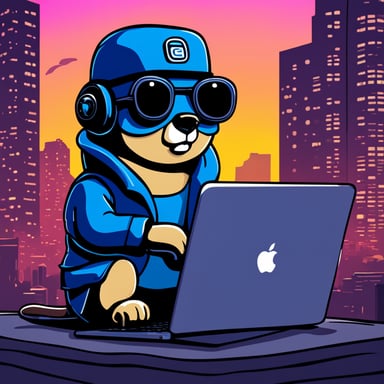Go Blue Gopher looking for a job at the MacBook in the home, depicted in a cyberpunk style picture.