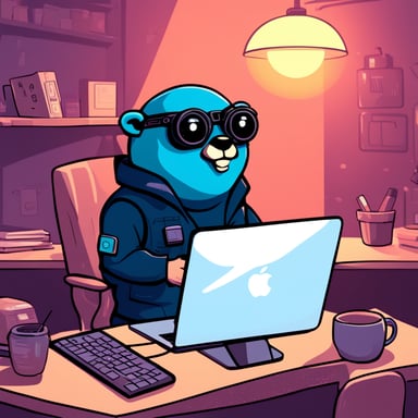 Go Blue Gopher looking for a job at the MacBook in the home, depicted in a cyberpunk style picture.