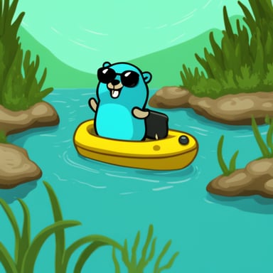 Go Blue Gopher coding in the middle of the water.