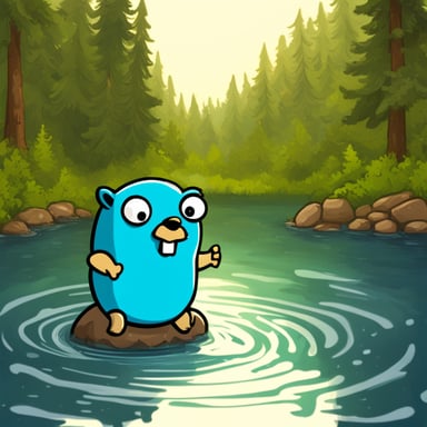 Go Blue Gopher found itself in the middle of the water, puzzled, while trying to code in front of a desk.