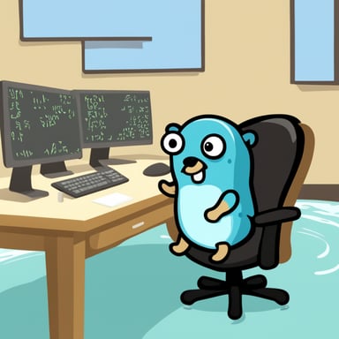 Go Blue Gopher found itself in the middle of the water, puzzled, while trying to code in front of a desk.